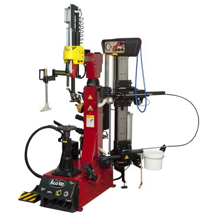 Leverless bandenwisselaar met centrale opspanning en hielafdruk-wielen. De TECO 100E heeft een handmatige middengat-opspanning.