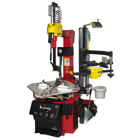 Volautomatische Bandenwisselaar met LeverLess kop (zijdelings wegdraaiend). Banden demontage apparaat met een draaitafel.