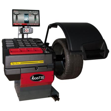 Wielbalanceer machine met automatische inmeting van velgdiameter en velgafstand met LCD display. Verkrijgbaar met of zonder kap en optionele hulplaser en LED-lamp en met blokkerpedaal op de positie van onbalans.