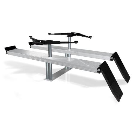 Stempelhefbrug met volledige rijbanen, intern wielvrij systeem en een hefvermogen van 3.500 Kg. Optioneel gelijkvloers in te bouwen.