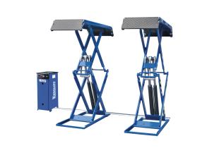 Wielvrije schaarhefbrug met een hefvermogen van 3.200 Kg en hefhoogte van 2.000 mm. Gelijkloopregeling door dubbel hydraulisch master/slave systeem.