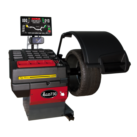 Wielbalanceer machine met automatische inmeting van velgdiameter en velgafstand met LCD display. Verkrijgbaar met of zonder kap en optionele hulplaser en LED-lamp en met blokkerpedaal op de positie van onbalans.