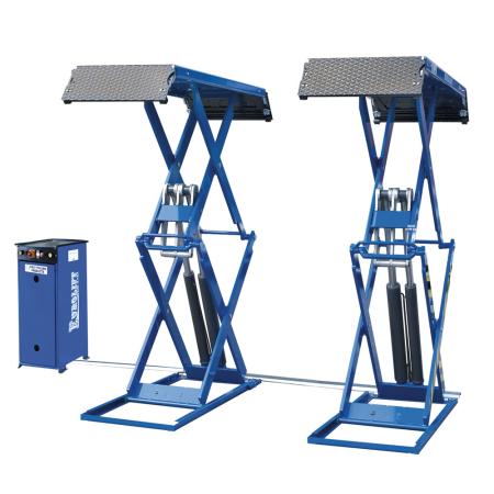 Wielvrije schaarhefbrug met een hefvermogen van 3.200 Kg en hefhoogte van 2.000 mm. Gelijkloopregeling door dubbel hydraulisch master/slave systeem.